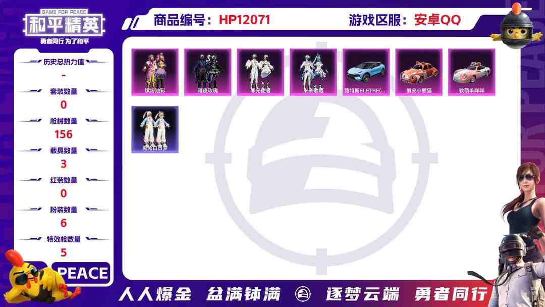和平精英账号安卓QQ26665 安卓Q-57660热力值 8王牌印记 历史超级王牌5星 143套装 156枪皮 【4载具】 路特斯EL蓝色 软萌羊咩咩 俏皮小熊猫 萌兔起飞僚机 【6粉装】 千金淑猫 雪月幻音 未来歌