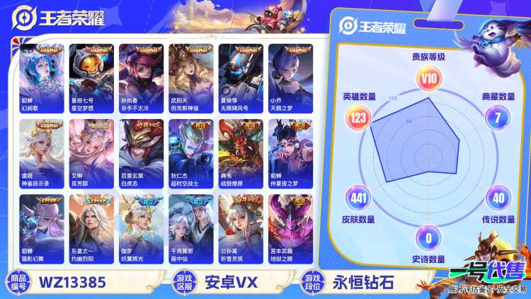 实名: 可修改 贵族等级: V10 英雄数: 123 皮肤数: 441 荣耀水晶: 武则天,天鹅之梦,星空梦想,倪克斯神谕,无限飓风号,杀手不太冷,银白咏叹调,幻阙歌,神鉴启示录 无双皮: 青丘·九