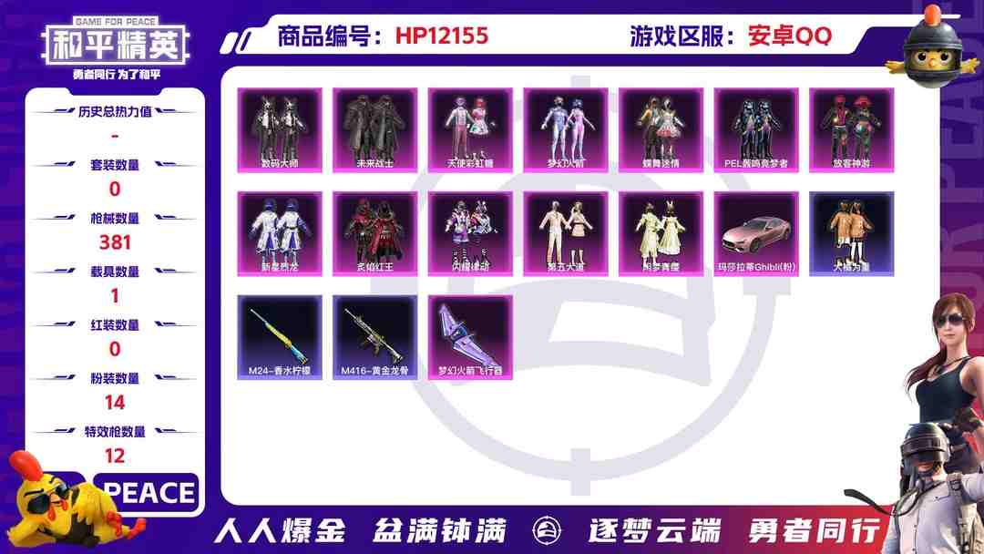 和平精英账号安卓QQ27450  安卓手Q-22王牌印记-14粉装-12特效枪-1载具-121133热力值-254套装-381枪皮-5卓越印记-2传奇印记
【14粉装】,梦幻火箭,2号机款机体服,天使彩虹糖,放客神游