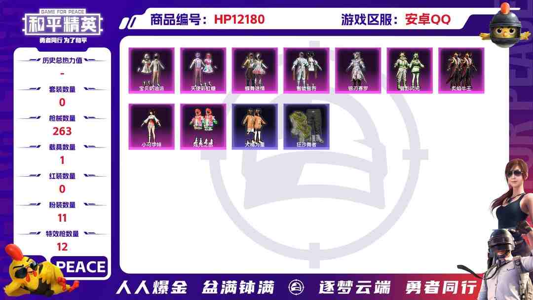 和平精英账号安卓QQ27673 钱包不能注销 安卓Q-89275热力值 13王牌印记 历史超级王牌14星 198套装 263枪皮 【1载具】 仰望U9(赤霞丹朱) 【2稀有】 奇异狩猎者 浪漫天命 【11粉装】 蝶舞