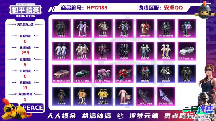 27645 钱包不能注销 安卓Q-热力值 20王牌印记 历史超级王牌9星 257套装 253枪皮 【7载具】 玛莎拉蒂粉色 阿斯顿马丁S绿色 特斯拉X白色 双人摩托梦幻火箭 双刃魅影红