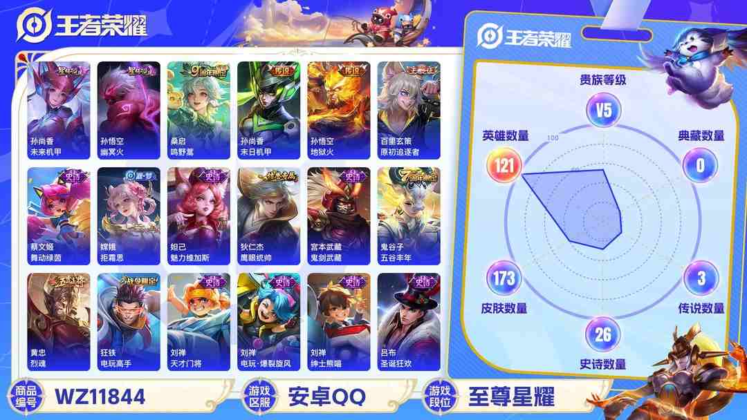 王者荣耀账号安卓QQ可二次【173皮肤2星元2传说有至尊宝】安卓QQ-121英雄-173皮肤【星元皮肤】幽冥火 未来机甲【传说皮肤】鸣野蒿 地狱火【史诗皮肤】至尊宝 电玩·爆裂旋风 完美运算 百解令 舞动绿茵 拒霜思 