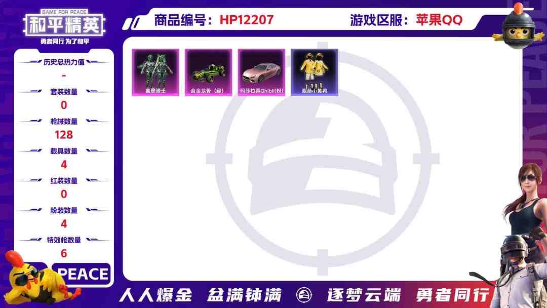 和平精英账号苹果QQ27798  苹果手Q-5王牌印记-4粉装-6特效枪-4载具-49630热力值-88套装-128枪皮-1卓越印记-1传奇印记
【4粉装】,妙趣可丽,樱桃泡泡,海螺星光,翡翠骑士
【6特效枪】AKM
