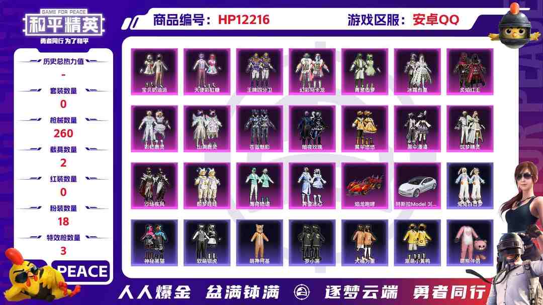 和平精英账号安卓QQ27869  安卓手Q-19王牌印记-有战神框-18粉装-3特效枪-2载具-97566热力值-236套装-260枪皮-0卓越印记-0传奇印记
【18粉装】,宝贝奶油派,天使彩虹糖,暗夜玫瑰,黄伞悠