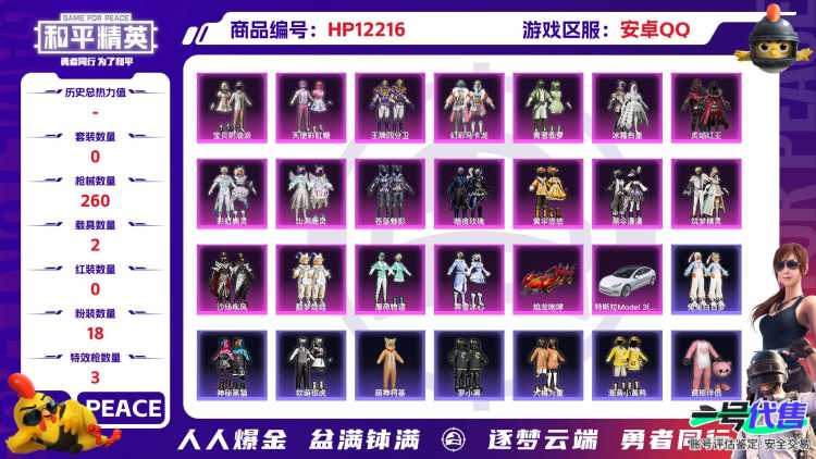 27869  安卓手Q-19王牌印记-有战神框-18粉装-3特效枪-2载具-97566热力值-236套装-260枪皮-0卓越印记-0传奇印记
【18粉装】,宝贝奶油派,天使彩虹糖,暗夜玫瑰,黄伞悠