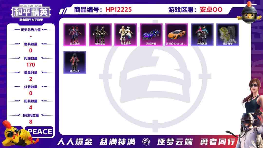 和平精英账号安卓QQ27993  安卓手Q-9王牌印记-4粉装-8特效枪-2载具-54980热力值-112套装-170枪皮-0卓越印记-0传奇印记
【4粉装】,天星战神,女娲灵识,暗夜鎏金,星之彼岸
【8特效枪】AK