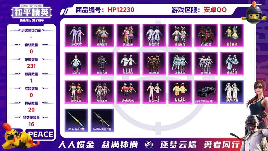 和平精英账号安卓QQ27978  安卓手Q-14王牌印记-20粉装-16特效枪-1载具-91000热力值-174套装-231枪皮-2卓越印记-1传奇印记
【20粉装】,梦幻火箭,缤纷油彩,新星烈龙,童趣迷兔,蝶舞迷情