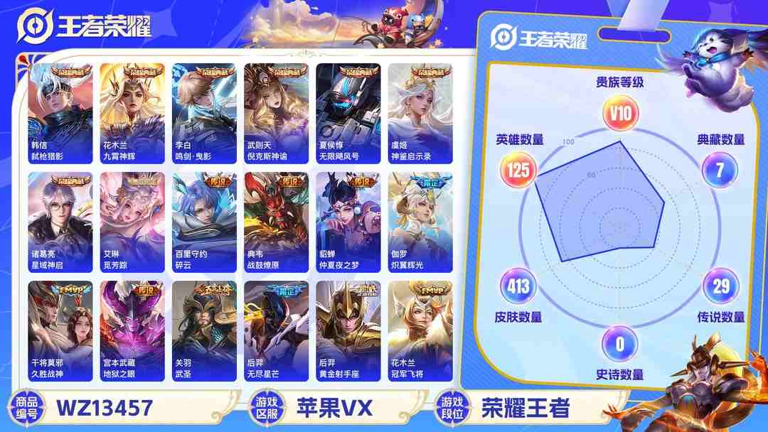 王者荣耀账号苹果VX连体吃鸡7枪7粉3车紫星币397 包人脸  实名: 不可修改 贵族等级: V10 英雄数: 125 皮肤数: 412 荣耀水晶: 武则天,倪克斯神谕,无限飓风号,鸣剑·曳影,星域神启,九霄神辉,弑枪