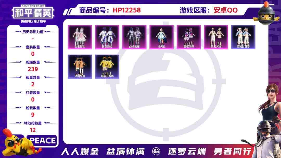 和平精英账号安卓QQ28332  安卓手Q-9王牌印记-9粉装-12特效枪-2载具-84425热力值-176套装-239枪皮-0卓越印记-0传奇印记
【9粉装】,新星烈龙,第五大道,洛天依,未来领航者,蓝莓炮弹,甜蜜