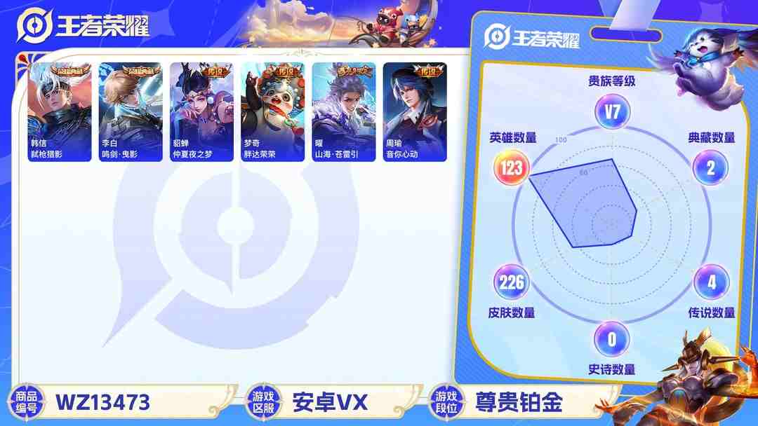 王者荣耀账号安卓VX【典藏弑枪猎影 鸣剑·曳影226皮肤6传说】安卓V区-123英雄-226皮肤【2水晶】弑枪猎影 鸣剑·曳影【传说皮肤】幻光神枪 愿照·九州拓 山海·苍雷引 仲夏夜之梦 胖达荣荣 鸣野蒿【史诗皮肤】末