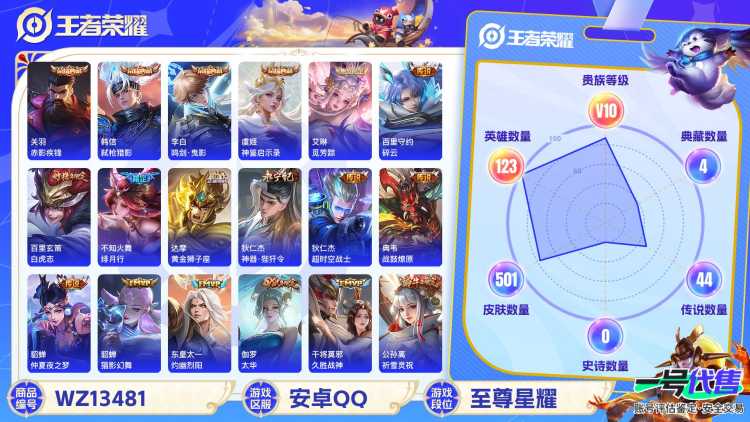 包脸 实名: 不可修改 贵族等级: V10 英雄数: 122 皮肤数: 501 荣耀水晶: 鸣剑·曳影,赤影疾锋,弑枪猎影,神鉴启示录 无双皮: 小乔时之魔女,雪境奇遇-甄姬,器灵·螭龙剑 珍品传说