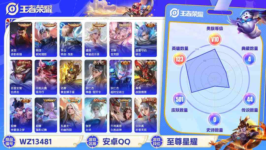 王者荣耀账号安卓QQ包脸 实名: 不可修改 贵族等级: V10 英雄数: 122 皮肤数: 501 荣耀水晶: 鸣剑·曳影,赤影疾锋,弑枪猎影,神鉴启示录 无双皮: 小乔时之魔女,雪境奇遇-甄姬,器灵·螭龙剑 珍品传说