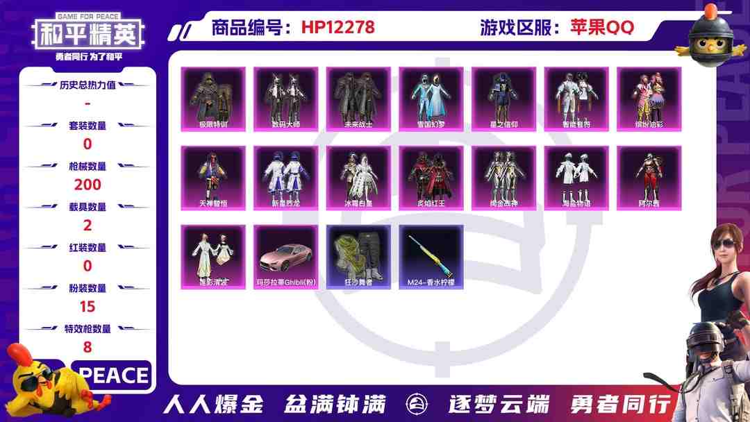 和平精英账号苹果QQ28490  苹果手Q-10王牌印记-15粉装-8特效枪-2载具-66973热力值-147套装-200枪皮-3卓越印记-2传奇印记
【15粉装】,雪国幻梦,缤纷油彩,新星烈龙,星之信仰,阿尔茜,智