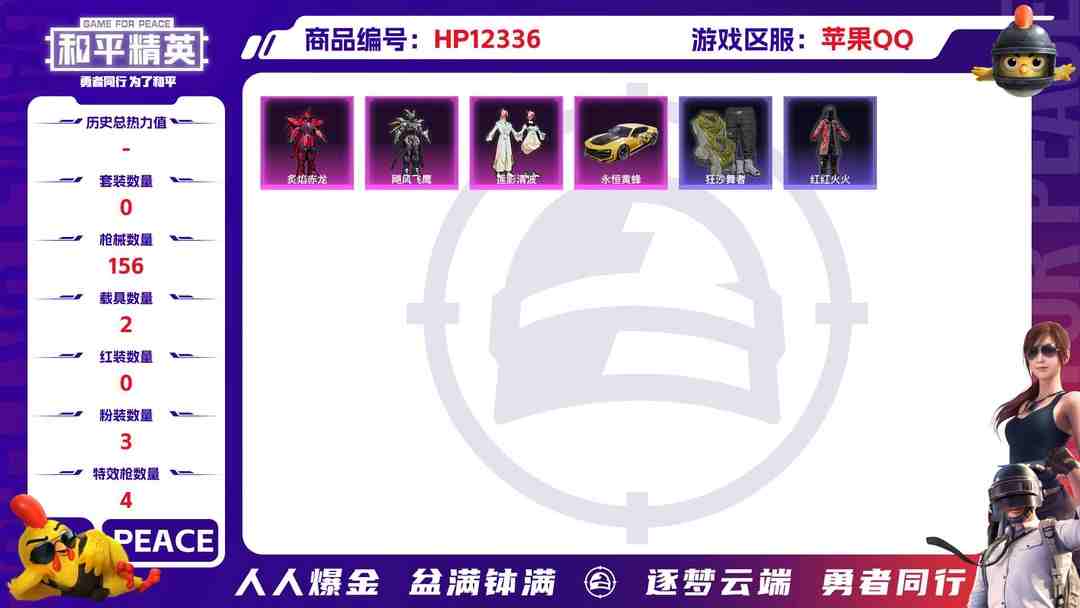 和平精英账号苹果QQ29063  苹果手Q-10王牌印记-3粉装-4特效枪-2载具-51644热力值-143套装-156枪皮-4卓越印记-1传奇印记
【3粉装】,炙焰赤龙,飓风飞鹰,莲影清波
【4特效枪】AKM-绿萝