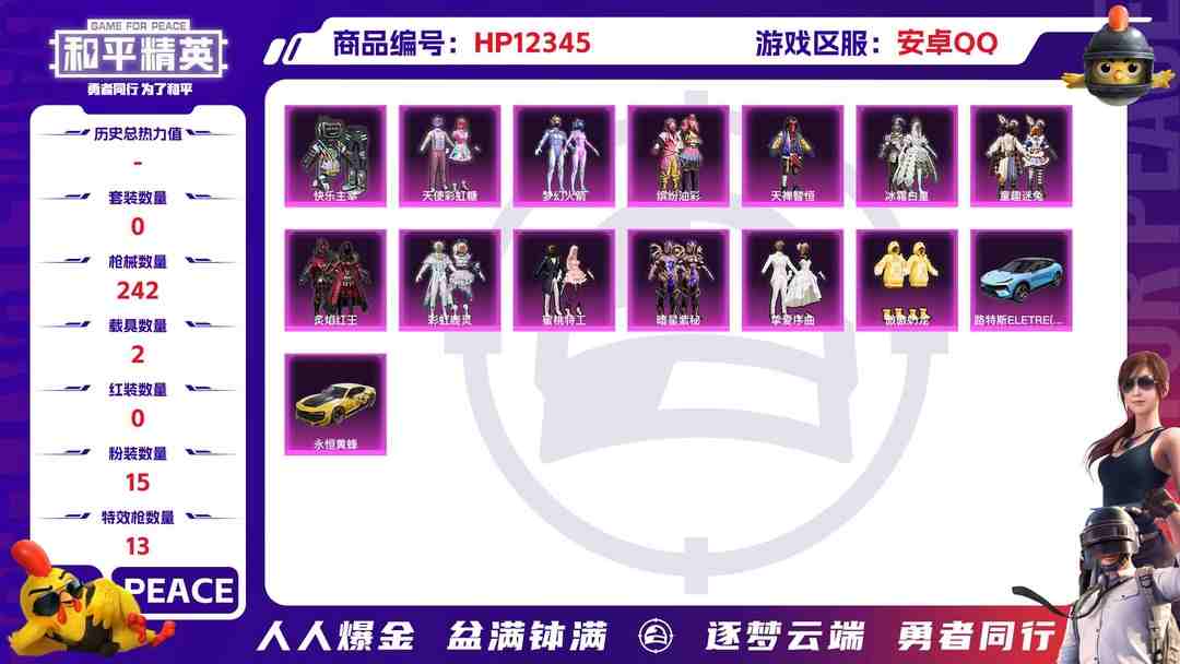 和平精英账号安卓QQ29096 安卓手Q-13王牌印记-15粉装-13特效枪-2载具-90438热力值-167套装-242枪皮-1卓越印记-0传奇印记
【15粉装】,梦幻火箭,天使彩虹糖,缤纷油彩,繁龙极客,童趣迷兔