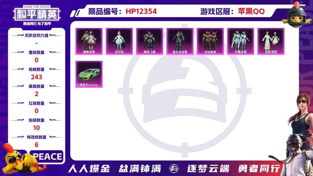 和平精英账号苹果QQ29195 苹果手Q-5王牌印记-10粉装-6特效枪-2载具-78589热力值-159套装-243枪皮-1卓越印记-0传奇印记
【10粉装】,蝶舞迷情,洛天依,千金淑猫,飓风飞鹰,复仇流浪者,赤焰