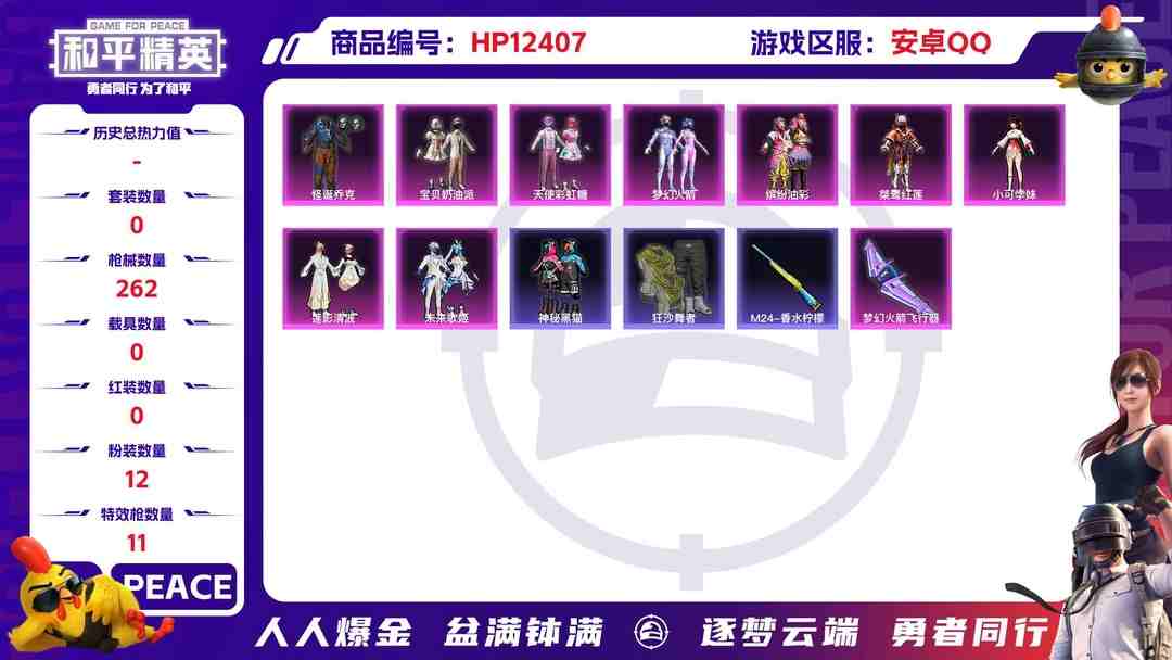 和平精英账号安卓QQ29317   安卓手Q-10王牌印记-12粉装-11特效枪-0载具-84604热力值-200套装-262枪皮-1卓越印记-0传奇印记
【12粉装】,梦幻火箭,宝贝奶油派,天使彩虹糖,缤纷油彩,怪