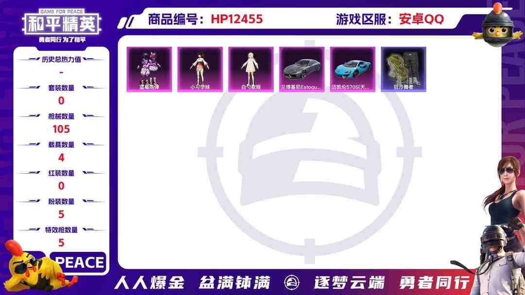 和平精英账号安卓QQ29703 安卓手Q-10王牌印记-5粉装-5特效枪-4载具-42710热力值-85套装-105枪皮-1卓越印记-0传奇印记
【5粉装】,2号机款机体服,白勺歌姬,蓝莓炮弹,小可学妹,呆萌星弥
【