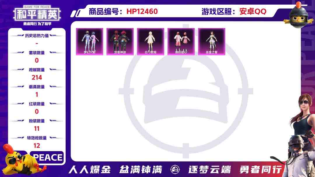 和平精英账号安卓QQ29148 安卓手Q-10王牌印记-11粉装-12特效枪-1载具-69412热力值-143套装-214枪皮-4卓越印记-1传奇印记
【11粉装】,梦幻火箭,放客神游,白勺歌姬,时空协奏·回响,飒粉