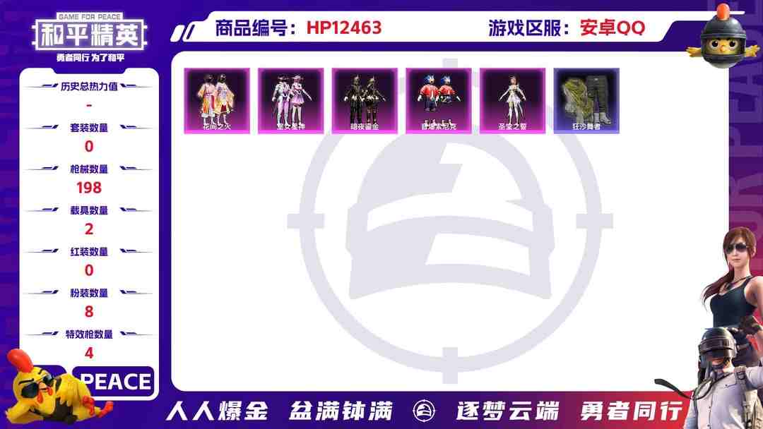 和平精英账号安卓QQ29617 安卓手Q-12王牌印记-8粉装-4特效枪-2载具-64397热力值-154套装-198枪皮-2卓越印记-0传奇印记
【8粉装】,花间之火,星云暗核,宙之时溯,圣堂之誓,守护天翼,暗夜鎏