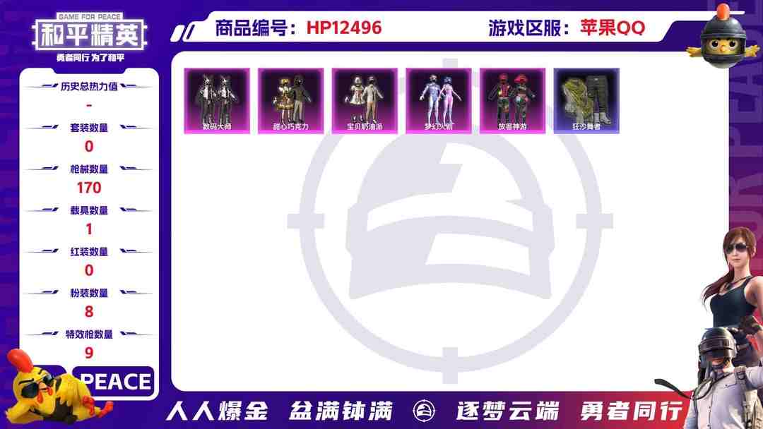 和平精英账号苹果QQ29952 苹果手Q-13王牌印记-8粉装-9特效枪-1载具-59503热力值-134套装-170枪皮-4卓越印记-1传奇印记
【8粉装】,梦幻火箭,甜心巧克力,宝贝奶油派,放客神游,月下星之子,