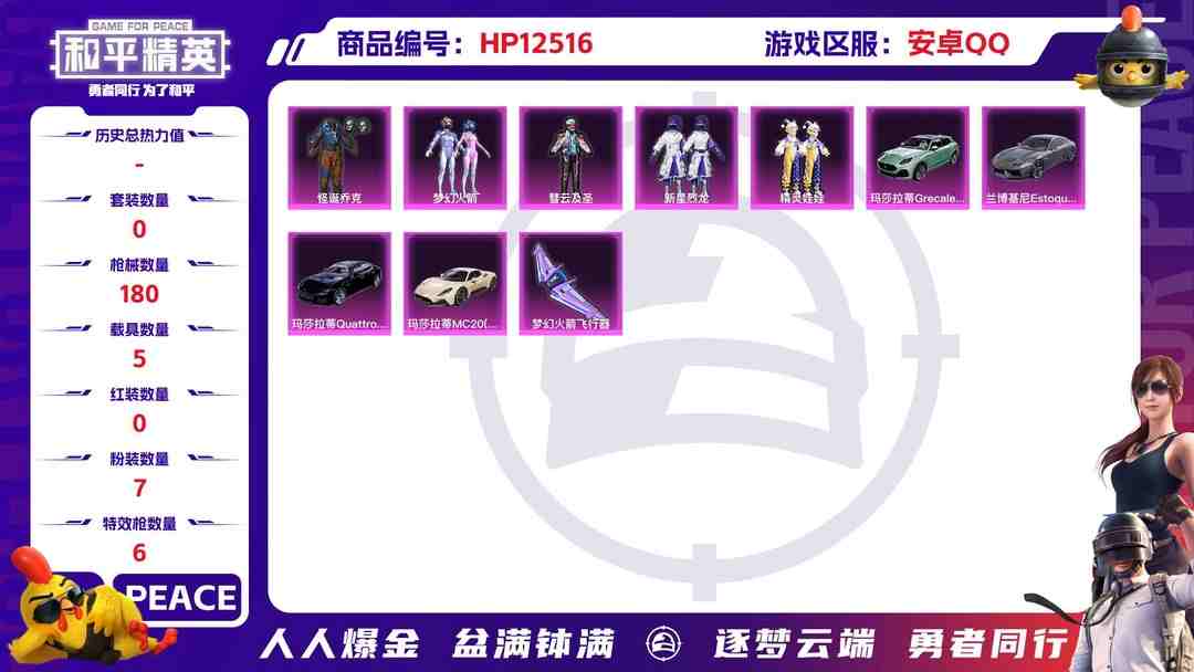 和平精英账号安卓QQ 30103安卓Q-68066热力值 13王牌印记 历史超级王牌13星 159套装 180枪皮 【5载具】 玛莎拉蒂M白色 玛莎拉蒂G绿色 玛莎拉蒂Q蓝色 兰博轿车灰色 星梦玉骢 【1神装】 幽焰