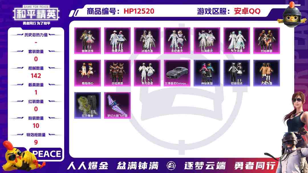 和平精英账号安卓QQ30117 钱包不能注销安卓Q-51565热力值 6王牌印记 历史超级王牌6星 104套装 142枪皮 【1载具】 兰博轿车灰色 【1稀有】 浪漫天命 【10粉装】 蝶舞迷情 橘柚倾心 冰霜白皇 