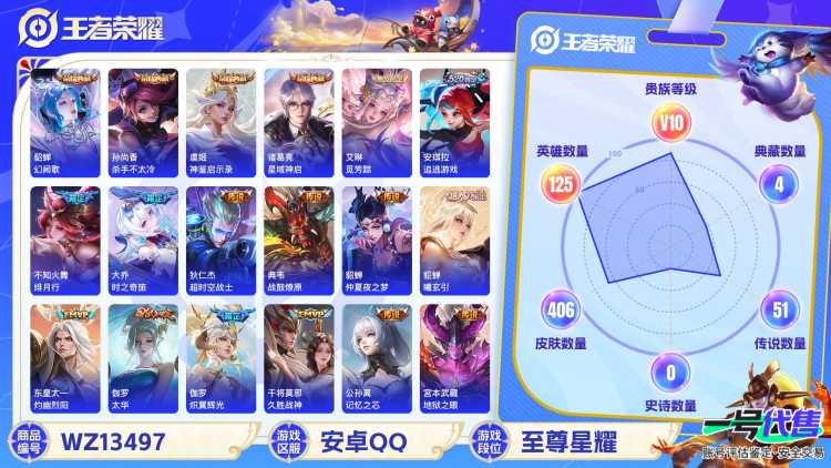 【v10 2无双59传说406皮肤4典藏1珍品1星元17按键1天幕】安卓Q-125英雄【4水晶】神鉴启示录 幻阙歌 星域神启 杀手不太冷【2无双】离恨烟 神器·明辉仪【1珍宝传说】器灵·落星盏【1星