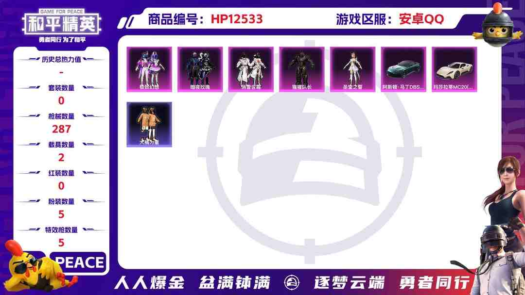 和平精英账号安卓QQ30198 安卓手Q-13王牌印记-5粉装-5特效枪-2载具-83244热力值-210套装-287枪皮-1卓越印记-1传奇印记
【5粉装】,极致幻想,暗夜玫瑰,俏雪含霜,猩猩队长,圣堂之誓
【5特
