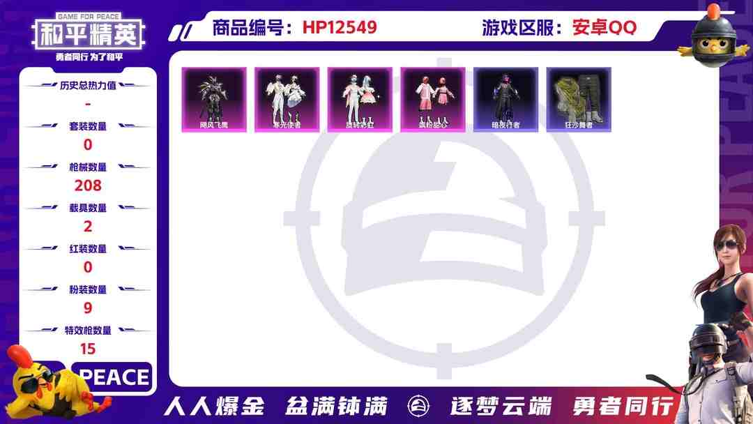和平精英账号安卓QQ30293  安卓手Q-0王牌印记-9粉装-15特效枪-2载具-77581热力值-143套装-208枪皮-0卓越印记-0传奇印记
【9粉装】,2号机款机体服,凤凰座 一辉,智耀战神,千金淑猫,飓风