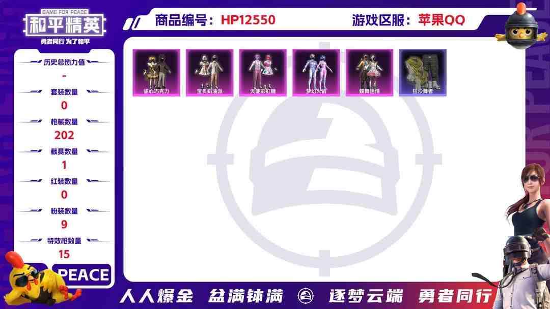 和平精英账号苹果QQ30291  苹果手Q-8王牌印记-9粉装-15特效枪-1载具-65572热力值-105套装-202枪皮-1卓越印记-0传奇印记
【9粉装】,梦幻火箭,甜心巧克力,宝贝奶油派,天使彩虹糖,蝶舞迷情