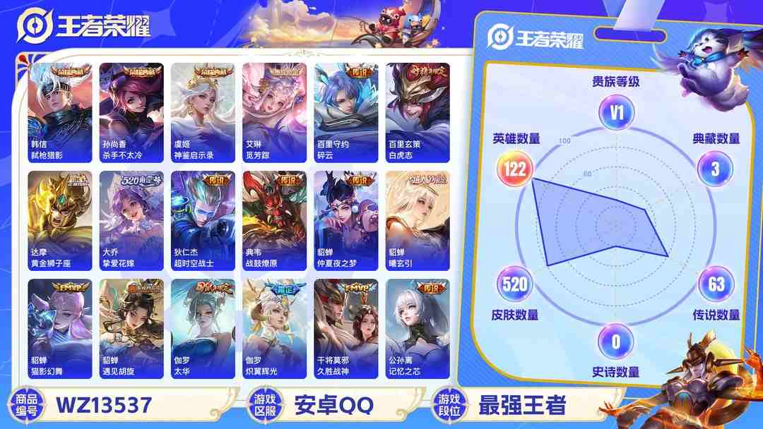 王者荣耀账号安卓QQ【无双v10 3无双72传说520皮肤3典藏15按键2星元】安卓Q-122英雄【3水晶】弑枪猎影 神鉴启示录 杀手不太冷【3无双】碎月剑心 时之魔女 群星魔术团【2星元】金色仲夏夜之梦 幽冥火【72