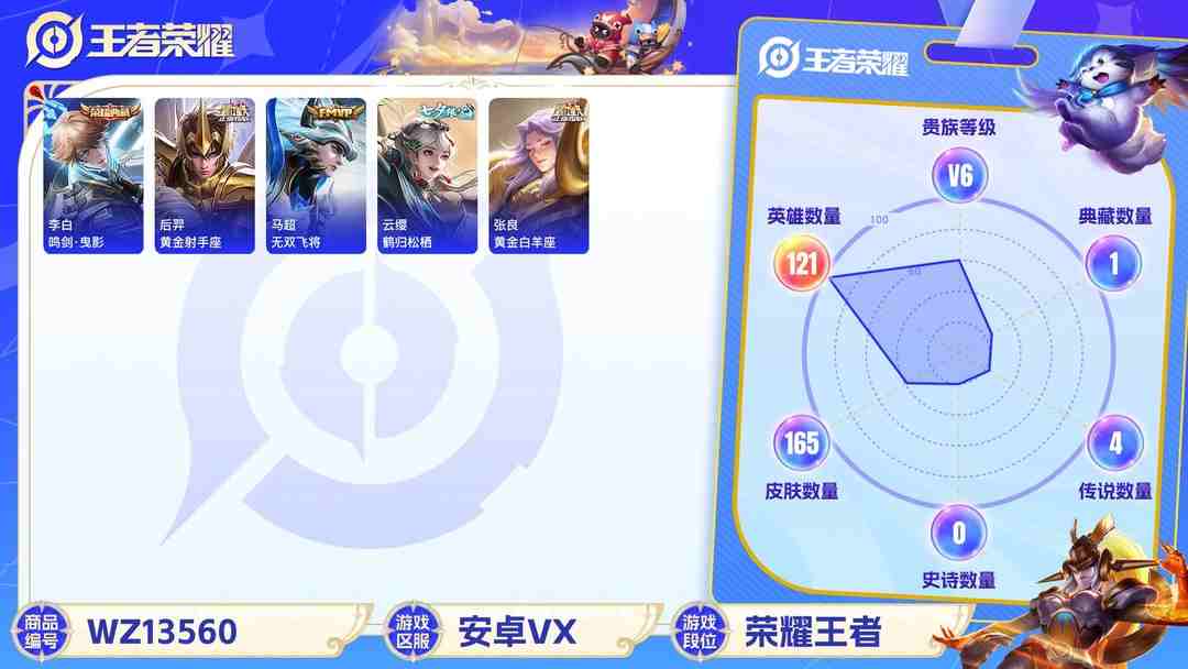 王者荣耀账号安卓VX【异界灵契无双飞将165皮肤典藏6传说】安卓V区-121英雄-165皮肤【1水晶】鸣剑·曳影【传说皮肤】鹤归松栖 无双飞将 黄金射手座 异界灵契 黄金白羊座 鸣野蒿【史诗皮肤】鹤归松栖 电玩·爆裂旋