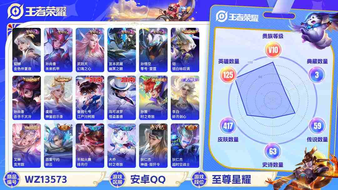 王者荣耀账号安卓QQXSW923【极品一体号417皮肤V10 3典藏1无双3珍品65传说5星传说V10 和平302套装 21粉 416枪皮 13特效 6载具 1僚机 8飞行器】安卓Q-417皮肤-125英雄-5星传说 