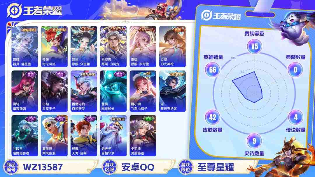 王者荣耀账号安卓QQ"【42皮肤V5 2珍品4传说 时之奇旅 器灵·落星盏 愿照·山河定 愿照·众生和 愿照·岁时盈】安卓Q-42皮肤-66英雄  【珍品传说】 时之奇旅 器灵·落星盏  【传说皮肤】 幻光神枪 愿照·