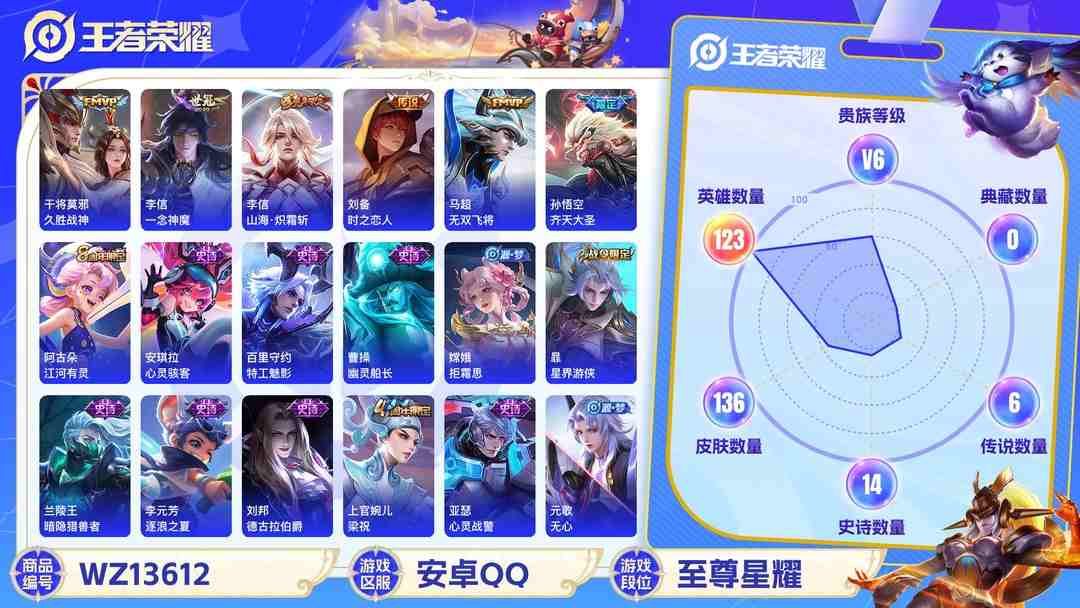 王者荣耀账号安卓QQ"【136皮肤V6 7传说 齐天大圣 山海·炽霜斩 无双飞将 久胜战神 一念神魔 时之恋人 雪豹·霜爪】安卓Q-136皮肤-123英雄  【传说皮肤】 鸣野蒿 齐天大圣 山海·炽霜斩 无双飞将 久胜