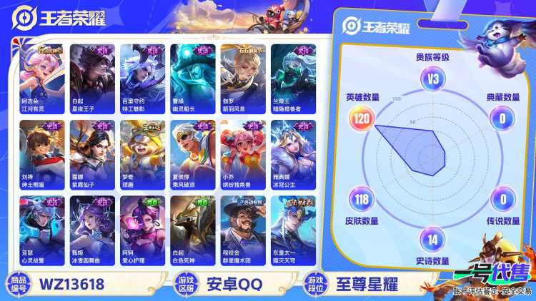 【118皮肤V3 1传说】安卓Q-118皮肤-120英雄  【传说皮肤】 鸣野蒿  【史诗皮肤】 聚星闪耀 江河有灵 完美运算 漠中幻影 顽趣 幽灵船长 功夫厨神 女仆咖啡 魅力维加斯 鹰眼统帅 圣
