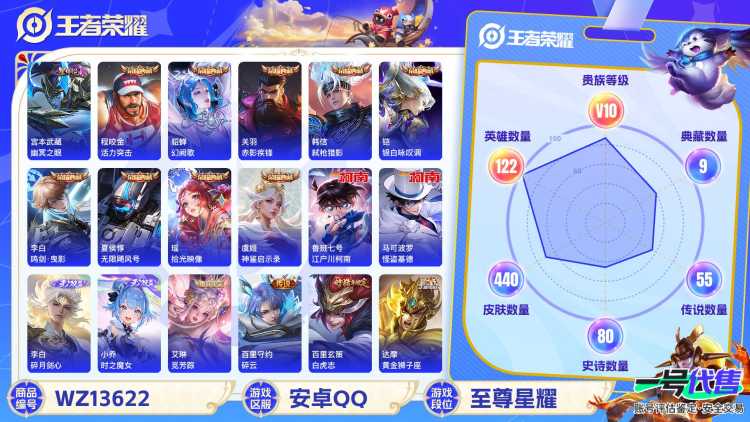 XSW525【440皮肤无双V10 2无双2珍品9典藏1星元62传说曜全皮 澜全皮 李白全皮 宫本全皮 兰陵王全皮 百里守约全皮 曹操全皮 金标嬴政7200战 金标盘古5700战 金标哪吒 打野33