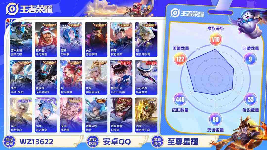 王者荣耀账号安卓QQXSW525【440皮肤无双V10 2无双2珍品9典藏1星元62传说曜全皮 澜全皮 李白全皮 宫本全皮 兰陵王全皮 百里守约全皮 曹操全皮 金标嬴政7200战 金标盘古5700战 金标哪吒 打野33