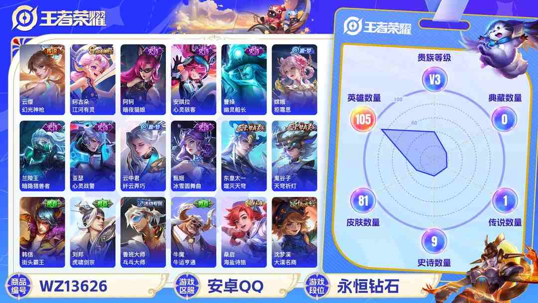 王者荣耀账号安卓QQ【81皮肤V3 2传说 幻光神枪  心灵战警 暗夜猫娘 心灵骇客 】安卓Q-81皮肤-105英雄  【传说皮肤】 鸣野蒿 幻光神枪  【史诗皮肤】 江河有灵 决胜大满贯 完美运算 百解令 暖冬絮语 