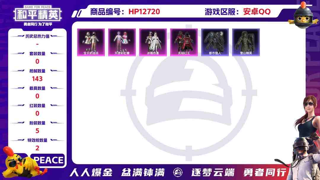 和平精英账号安卓QQM99704【身法号5粉装2特效枪 都市猎人 浪漫天命 宝贝奶油派 天使彩虹糖 军刀雅典娜】安卓Q-42767热力值 7王牌印记 历史超级王牌9星 116套装 143枪皮 【2稀有】 都市猎人 浪漫