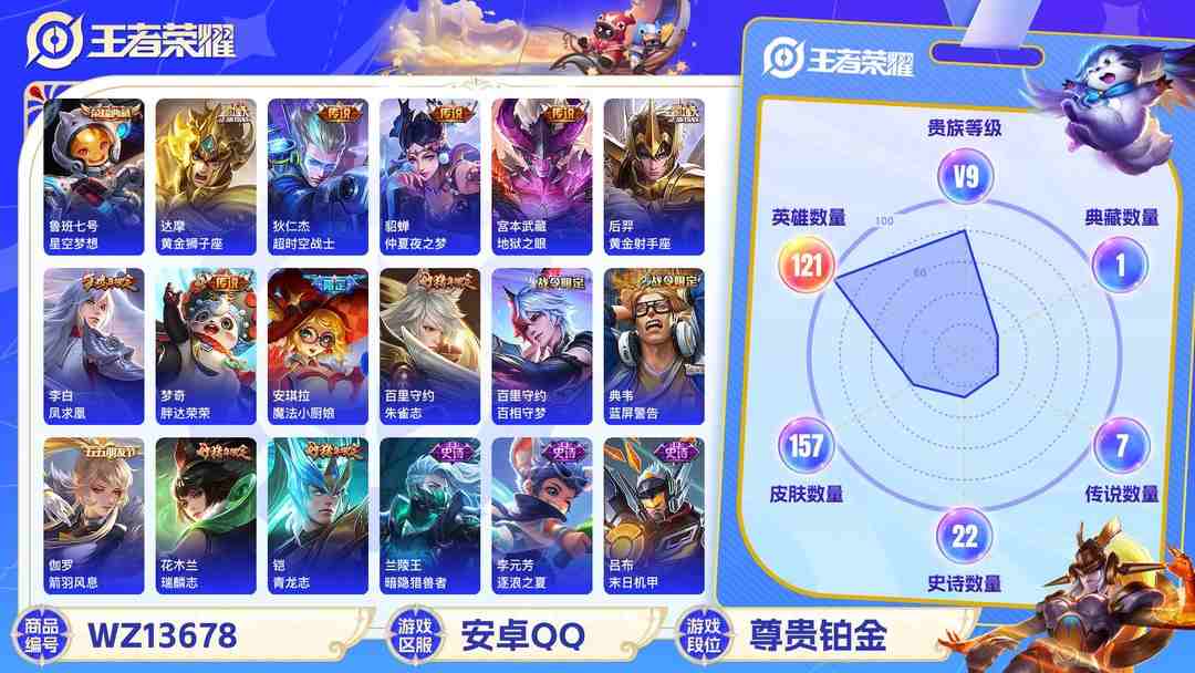 王者荣耀账号安卓QQMWZ100676【准V10 1典藏10传说V9】安卓Q-157皮肤-121英雄  【典藏皮肤】 星空梦想  【传说皮肤】 黄金狮子座 超时空战士 仲夏夜之梦 地狱之眼 黄金射手座 凤求凰 胖达荣荣