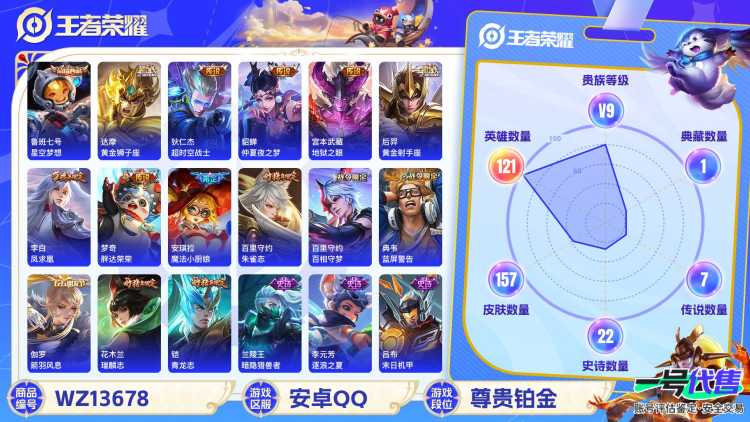 MWZ100676【准V10 1典藏10传说V9】安卓Q-157皮肤-121英雄  【典藏皮肤】 星空梦想  【传说皮肤】 黄金狮子座 超时空战士 仲夏夜之梦 地狱之眼 黄金射手座 凤求凰 胖达荣荣
