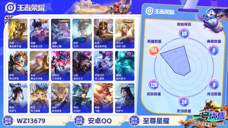 12传说V8】安卓Q-126皮肤-114英雄  【传说皮肤】 鸣野蒿 黄金狮子座 仲夏夜之梦 猫影幻舞 太华 黄金射手座 冠军飞将 胖达荣荣 末日机甲 地狱火 启明星使 黄金白羊座  【史诗皮肤】 