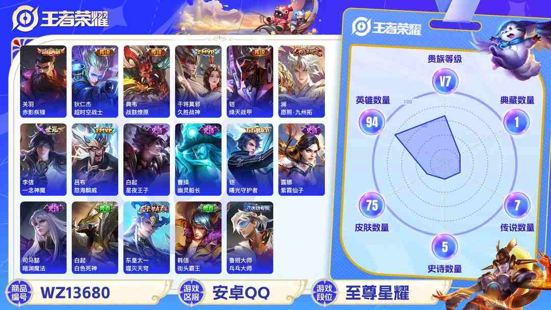 王者荣耀账号安卓QQMWZ100533【10按键1典藏8传说V7】安卓Q-75皮肤-94英雄  【典藏皮肤】 赤影疾锋  【传说皮肤】 鸣野蒿 战鼓燎原 愿照·九州拓 超时空战士 久胜战神 绛天战甲 一念神魔 怒海麟威