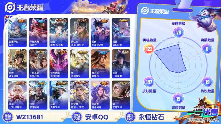 MWZ100534【21传说1星传V8】安卓Q-147皮肤-122英雄  【传说皮肤】 愿照·山河定 愿照·众生和 山海·炽霜斩 神器·狴犴令 绯月行 碎云 枫霜尽 音你闪耀 无双飞将 仲夏夜之梦 
