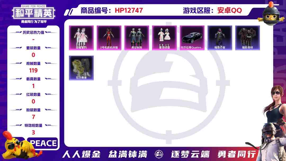 和平精英账号安卓QQXS658【1载具7粉装3特效枪红螳螂 暗夜行者 金羽特工 暗影哥特 粉熊背包全套身法号】安卓Q-39483热力值 7王牌印记 历史传奇王牌10星 92套装 119枪皮 【1载具】 玛莎拉蒂Q蓝色 