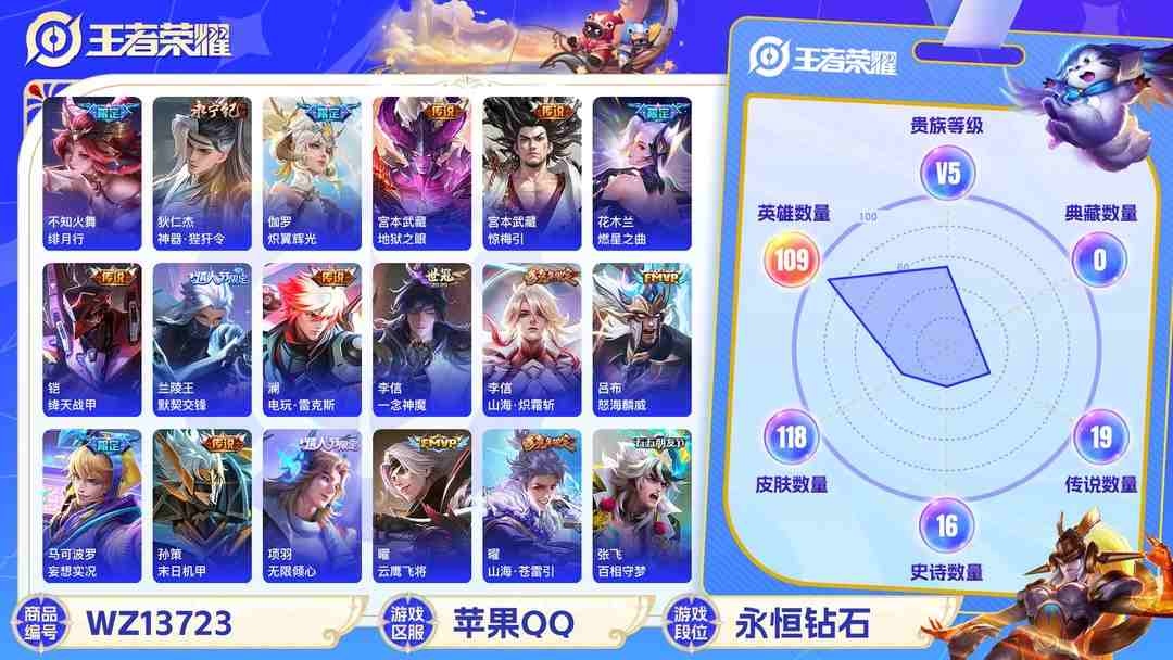王者荣耀账号苹果QQMWZ100189【20传说14按键V5】苹果Q-118皮肤-109英雄  【传说皮肤】 妄想实况 百相守梦 电玩·雷克斯 鹤羽星尊 燃星之曲 鸣野蒿 惊梅引 炽翼辉光 无限倾心 山海·苍雷引 山海