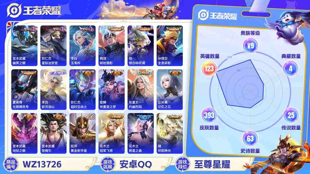 王者荣耀账号安卓QQMWZ100704【393皮肤1无双4典藏30传说3星元V9】安卓Q-393皮肤-123英雄  【无双皮肤】 碎月剑心  【典藏皮肤】 弑枪猎影 全息碎影 无限飓风号 银白咏叹调  【传说皮肤】 妄
