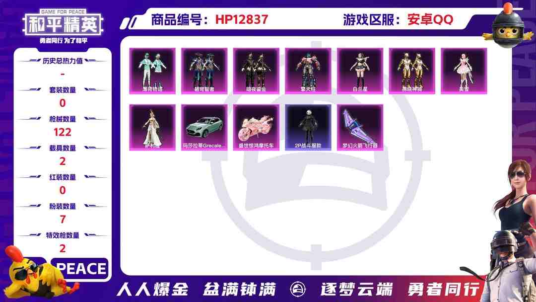 和平精英账号安卓QQM98960【2载具7粉装2特效枪满级身法号】 安卓Q-44452热力值 历史荣耀皇冠Ⅳ 115套装 122枪皮 【2载具】 玛莎拉蒂G绿色 盛世惊鸿摩托车 【7粉装】 美雪 萨利娅 白兰星 拂晓神